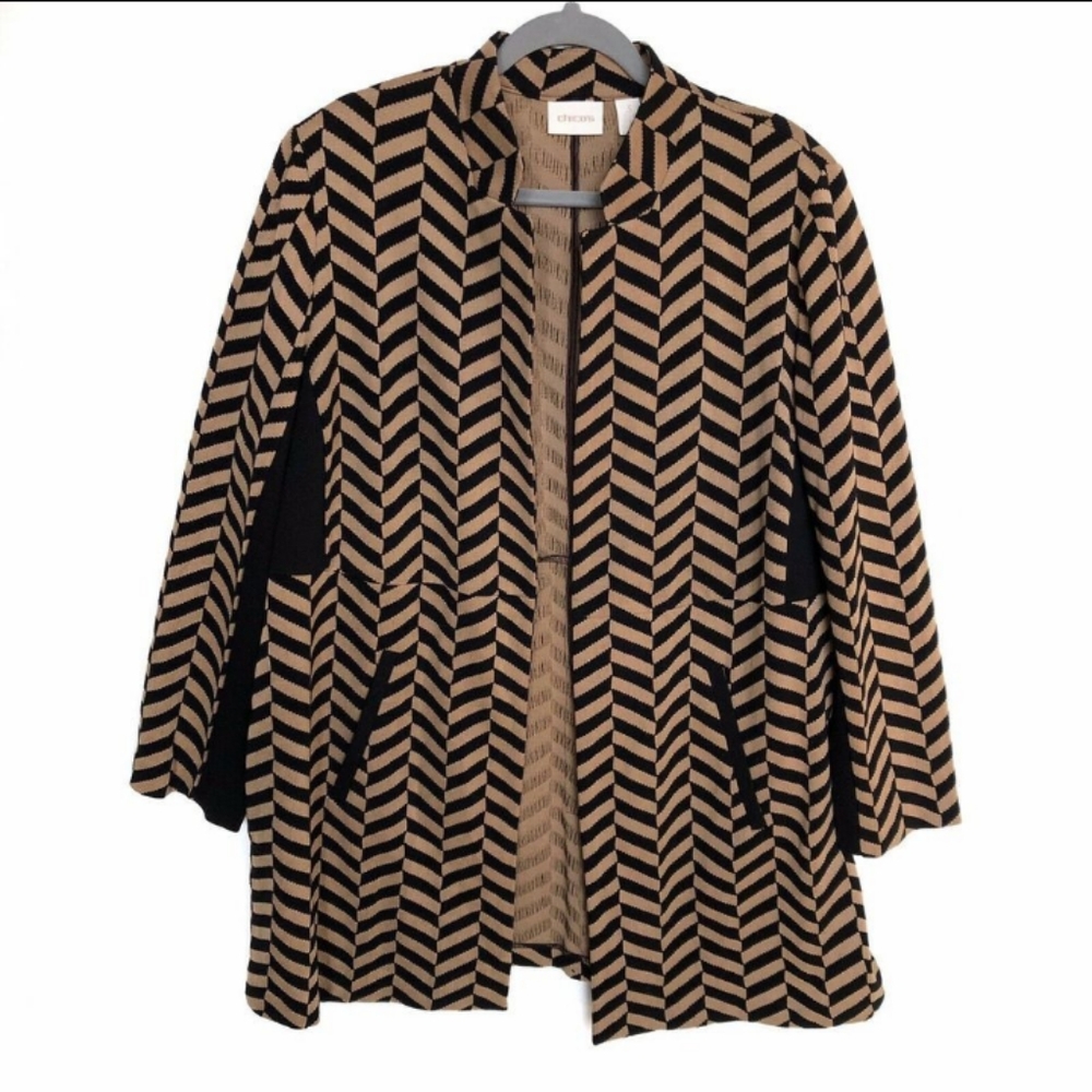 Chico's Black & Tan Herringbone Pattern Open Cardi - Picture 1 of 8